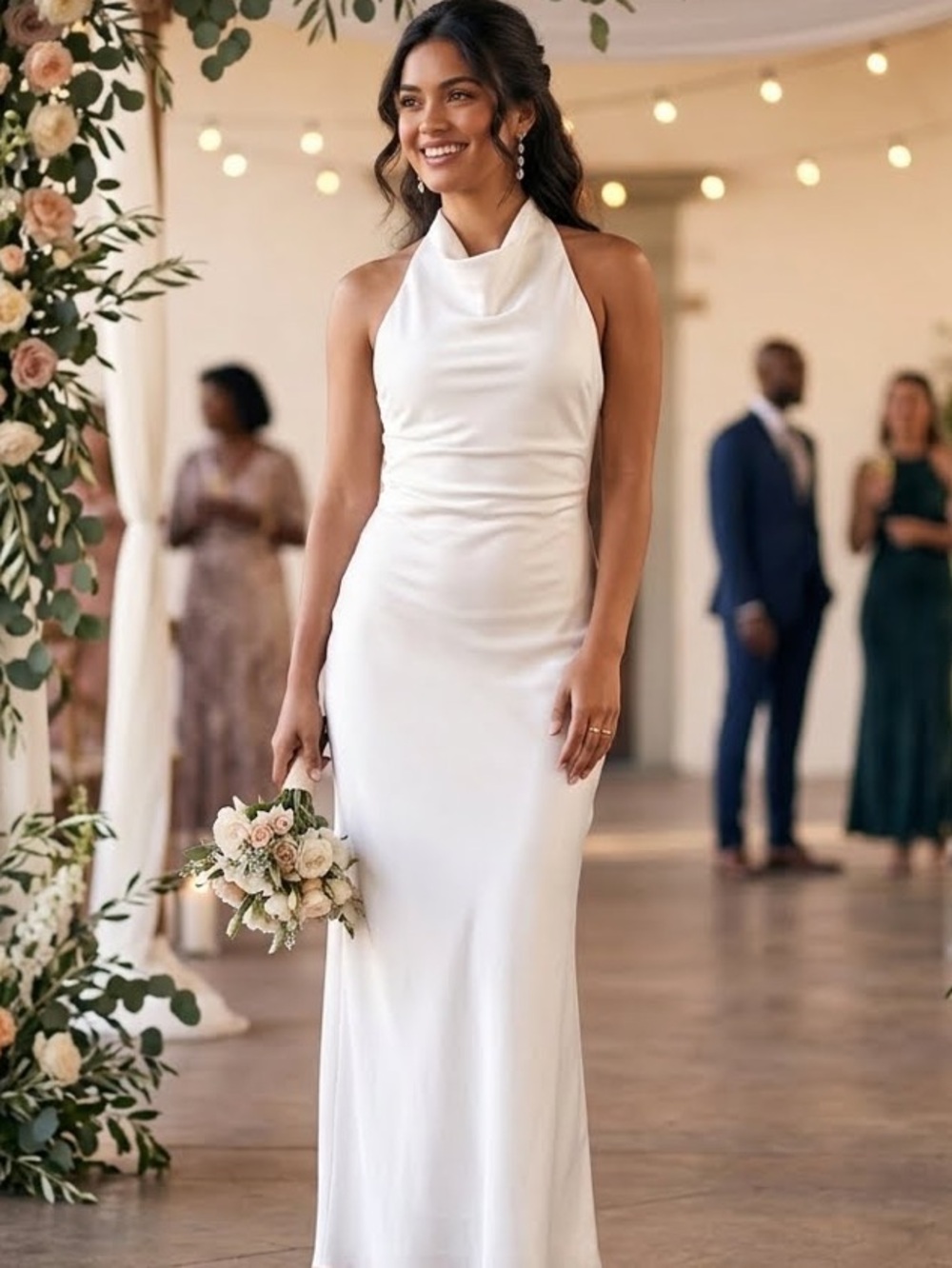 Lulu's Effortlessly Elegant Ivory Halter Satin Column Wedding Dress Sz Small